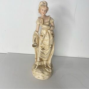 Vintage Royal Rudolstadt Works Victorian Lady Figurine Ivory Metallic Gold 10.5”